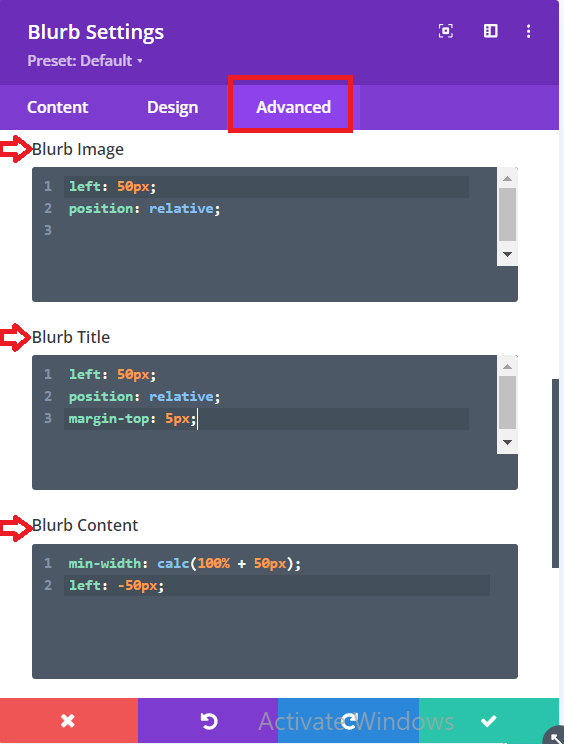 Copy and paste the CSS code into the Advanced tab under the Custom CSS toggle