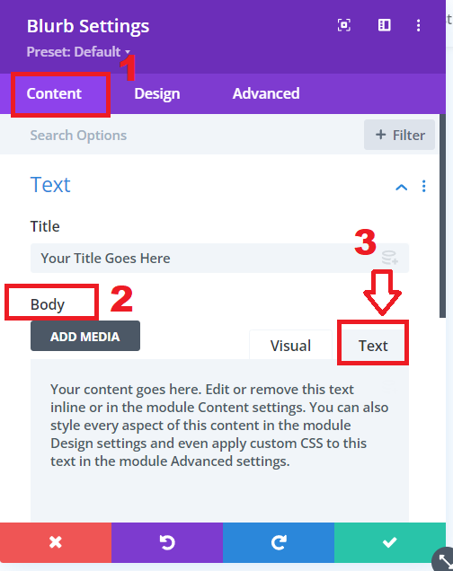 Accessing the body text area of the Divi Blurb Module to insert the span tag