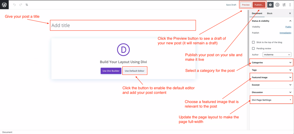 Step-by-step guide on how to create a blog post using Divi.