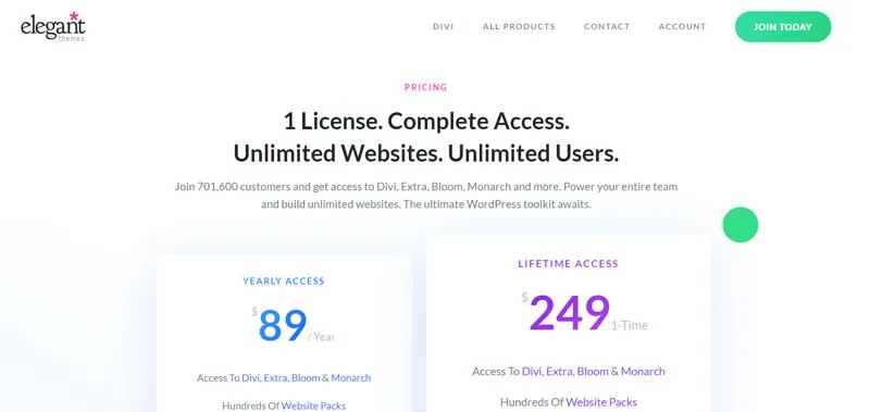 Secure Divi Subscription Model price categories for yearly and lifetime access.