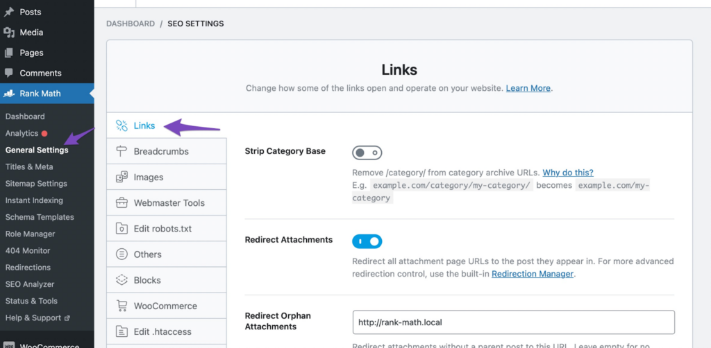 Create SEO-friendly navigation using Breadcrumbs and Links in Rank Math General Settings. 