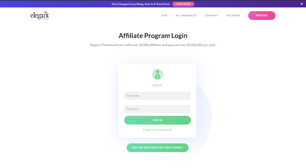 Access the Affiliate program features by Signing up as an Affiliate on Divi.