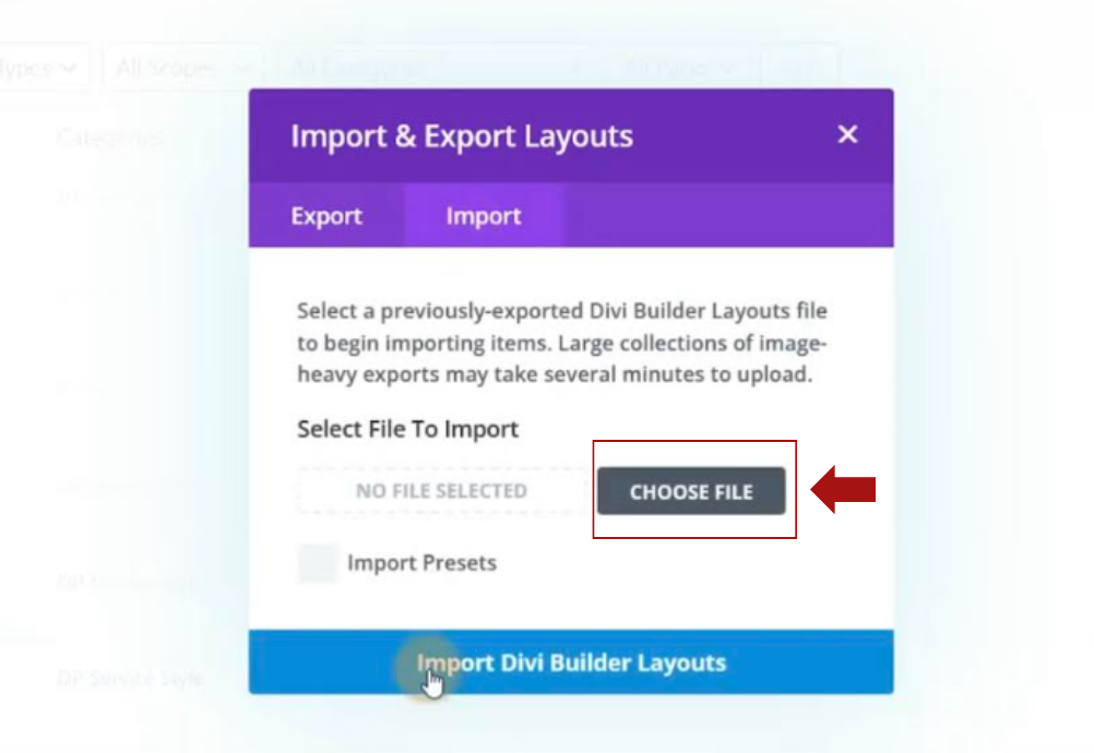 Divi Import/Export Layouts Explained from Divi Library: Importing JSON Files
