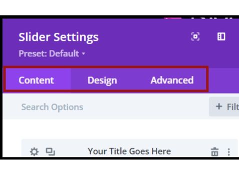Slider Settings in Divi offers Content, Design, and Advanced Tabs