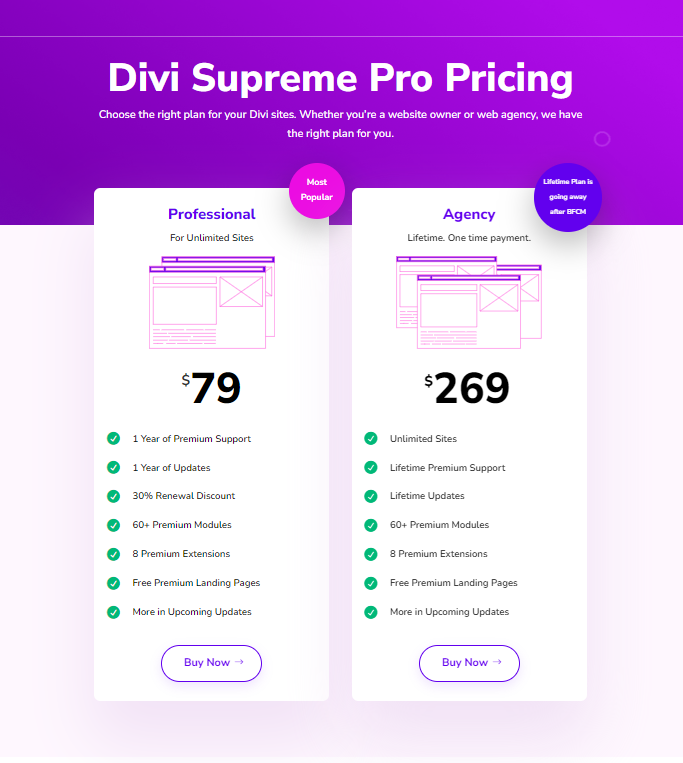 Divi Supreme Pro Pricing: Free Version with 60+ Modules and 8 extensions