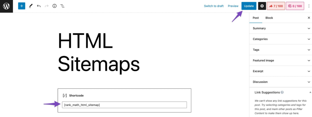 Add a shortcode where you want to display the HTML Sitemap on your page using the Rank Math SEO plugin.
