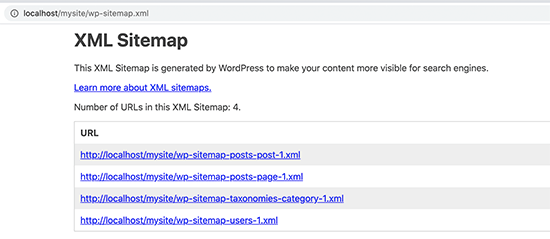 Basic XML Sitemap generated by WordPress to make your content more visible for search engines