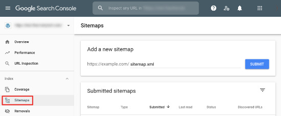 Adding a New Sitemap to Google Search Console from the sitemaps option appearing in the left bar to submit XML sitemap