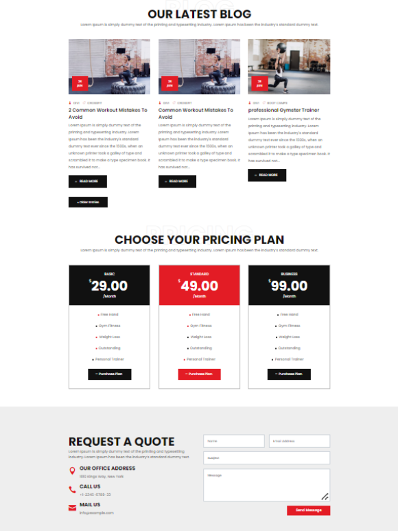 Ultimate Divi Modules UI Bundle Gym Design: Blog, Pricing & Quote Section Highlights
