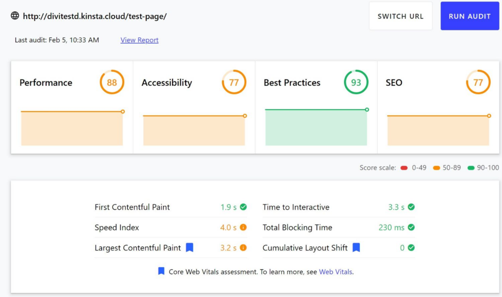 Divi Page builder’s performance on the web.dev’s Lighthouse audit with Autoptimize