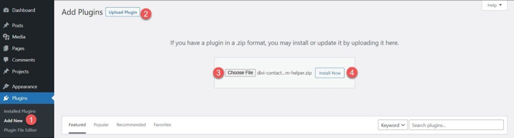 Uploading a Divi Contact Form Helper plugin’s .zip file to install this extended module on your Divi website.
