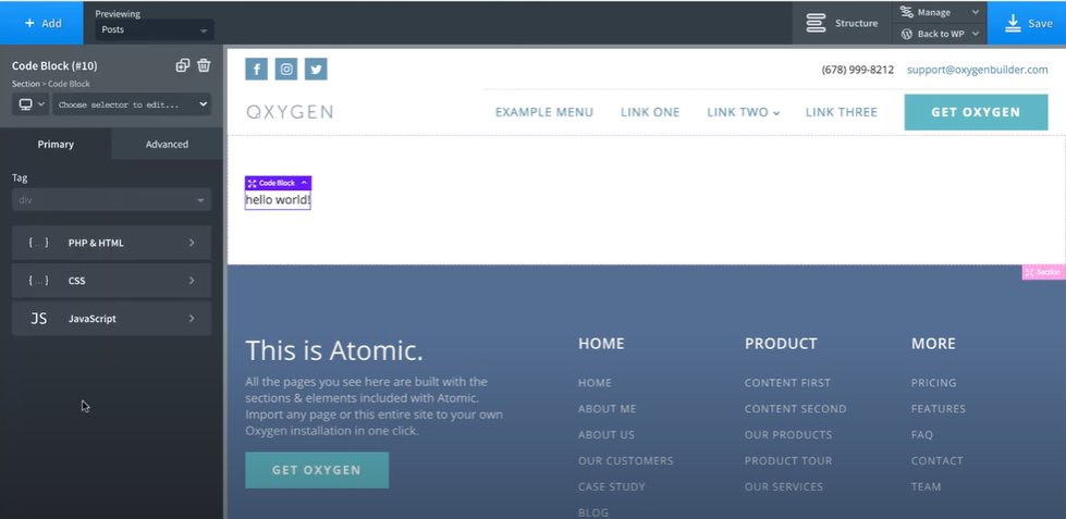 Add PHP or JS code on your web page within Oxygen’s code-centric editor