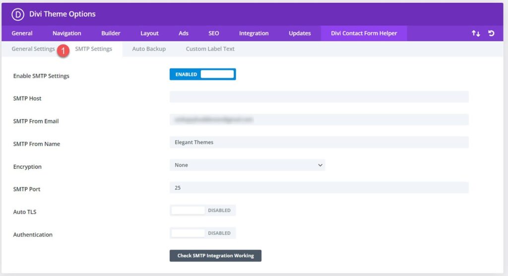  Exploring Divi Contact Form Helper’s SMTP settings in the Divi Theme Options window.

