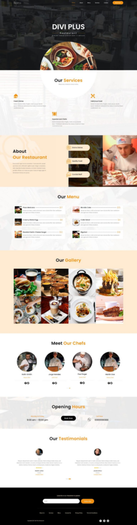 Divi Plus Restaurant, a pre-made free Divi Child Theme for food websites to showcase your restaurant’s menu, ambiance, and branding effectively.