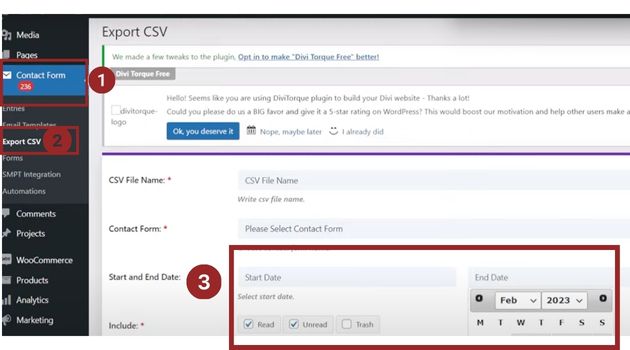 Pick the starting and ending days from the Contact Form in the sidebar menu of the WordPress Dashboard for the Divi Contact Form Helper plugin. 