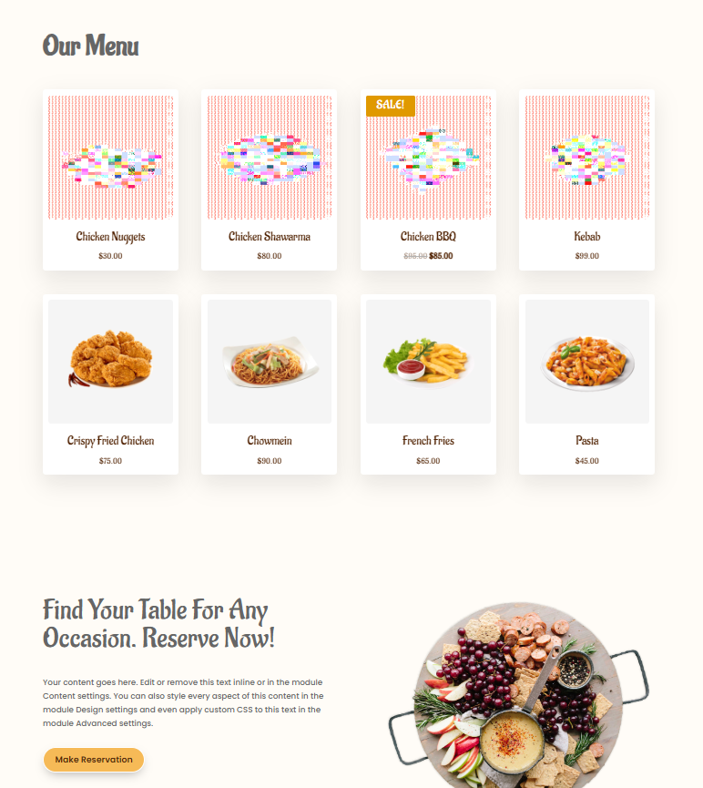Restaurant Landing Page Layout, a pre-made premium Divi layout for food websites to showcase your restaurant’s menu, ambiance, and branding effectively.