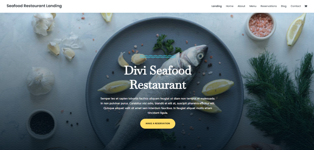 Seafood Restaurant Landing Page Divi Layout, a pre-made free Divi layout for food websites to showcase your restaurant’s menu, ambiance, and branding effectively.