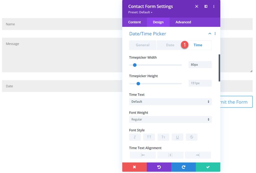 Exploring Design tab for Divi Contact Form Helper’s Date/Time Picker option