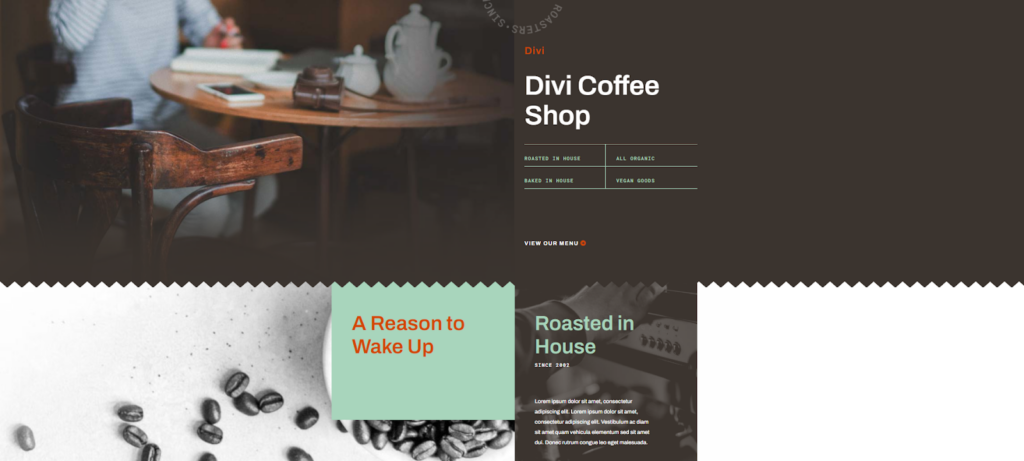 Cafe Landing Page Divi Layout, a pre-made free Divi layout for food websites to showcase your restaurant’s menu, ambiance, and branding effectively.