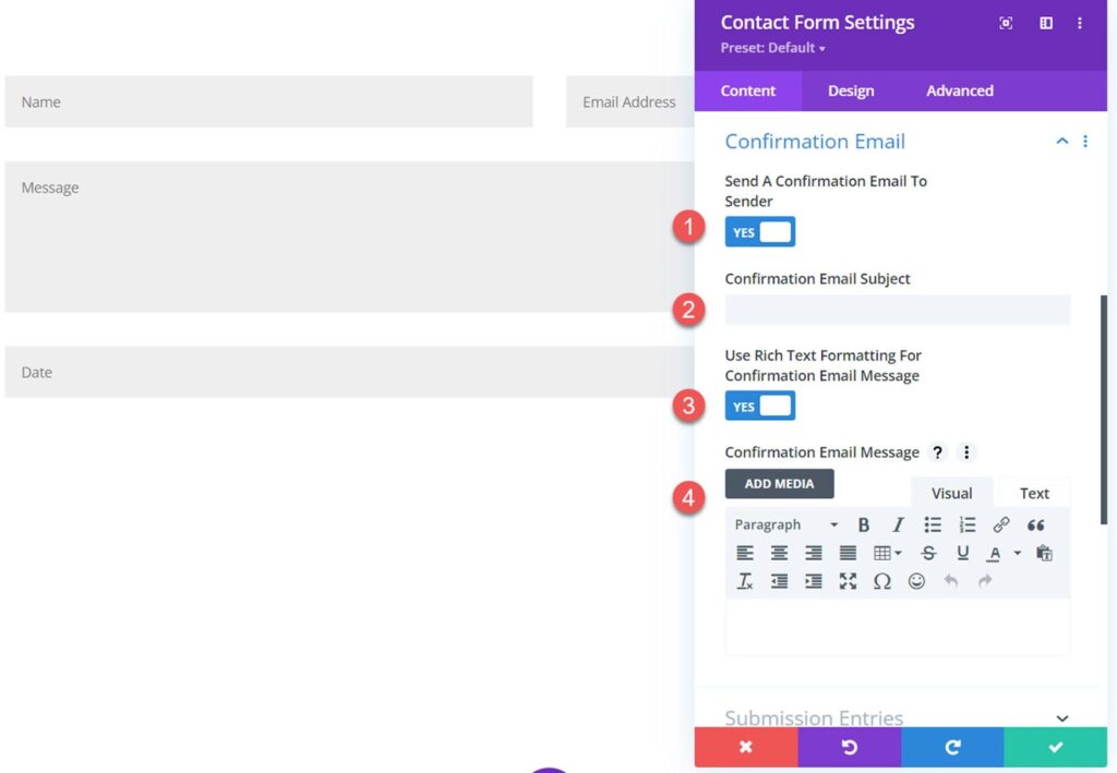 Customizing confirmation mail settings by selecting a custom subject line, message, and personalized formatting in the Divi Contact Form Helper plugin
