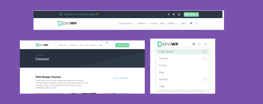DiviWP Header Sections, a pre-made bundle of Divi Header layouts to make it easy for visitors to navigate, reinforcing brand identity and making your WordPress website recognizable to visitors