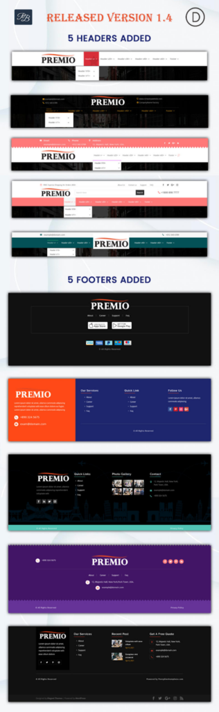 Premio – Header and Footer Layouts Bundle, a pre-made bundle of Divi Header and Footer layouts can contribute to your website's search engine optimization (SEO)  and enhance the overall look and feel of your website