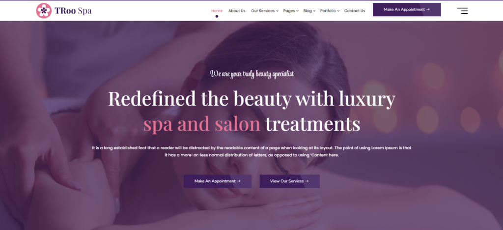 TRoo Spa and Wellness Divi Child Theme, a pre-made premium Theme for Spa and Wellness Websites to find information about spa services.