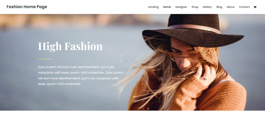 Fashion Shop Page Divi Layout, a premade Divi Layout for a fashion designer, personal stylist, or an e-commerce enthusiast for a WooCommerce website.