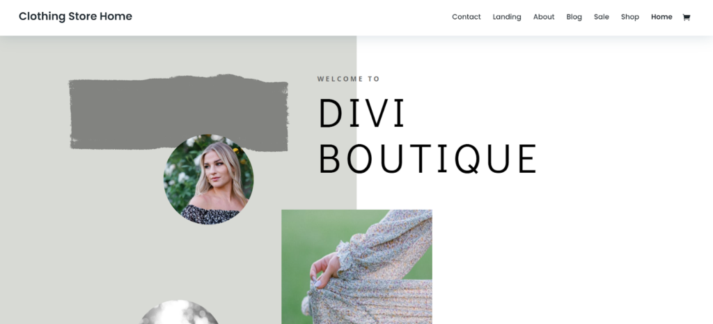 Clothing Store Home Page Divi Layout, a premade Divi Layout for a fashion designer, personal stylist, or an e-commerce enthusiast for a WooCommerce website.