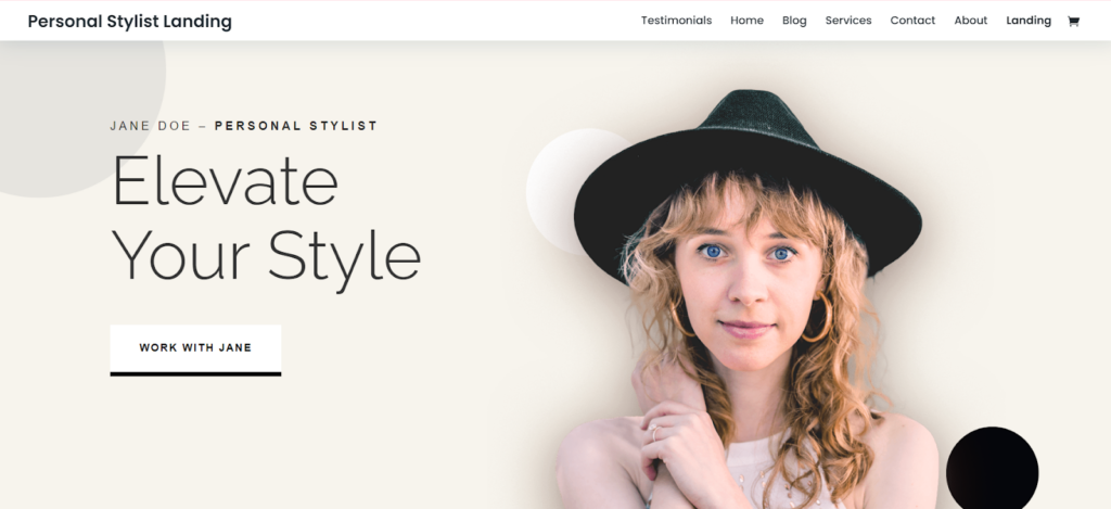 Personal Stylist Landing Page Divi Layout, a premade Divi Layout for a fashion designer, personal stylist, or an e-commerce enthusiast for a WooCommerce website.