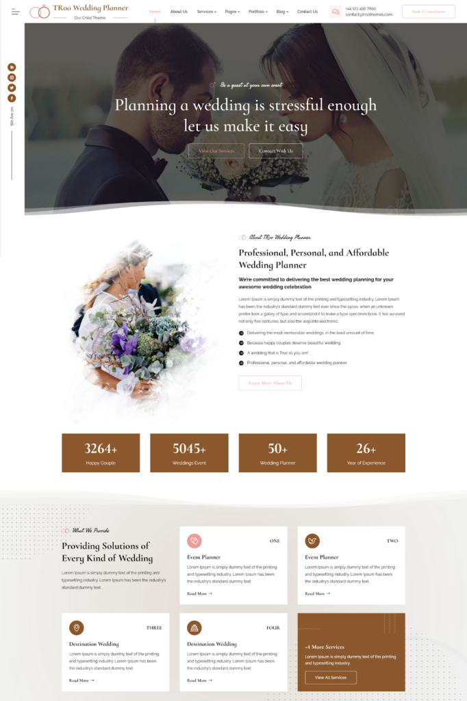 TRoo Wedding Planner Divi Child Theme, a premade Divi Child Theme for couples, wedding planners, and bridal businesses for a WooCommerce website