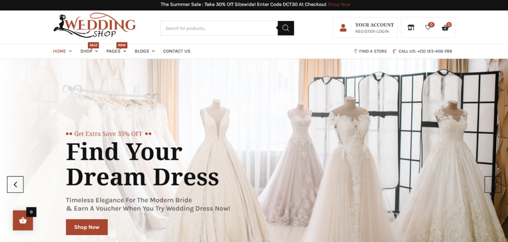 Wedding Shop Divi WooCommerce Theme, a premade Divi Child Theme for couples, wedding planners, and bridal businesses for a WooCommerce website