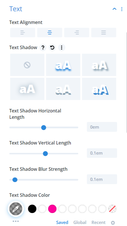 Navigating the Divi Slider Module’s text styling options including text alignment and text shadows 