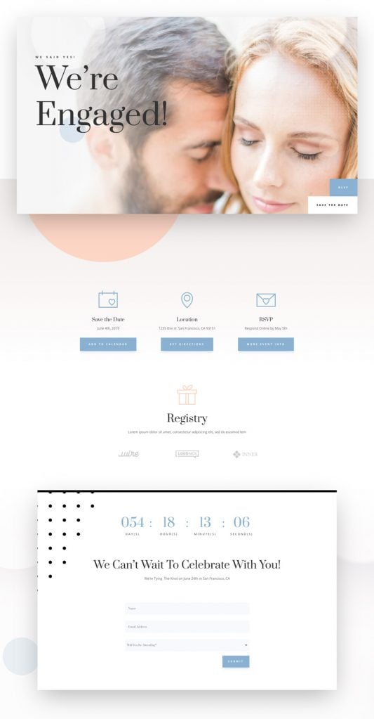 Wedding Engagement Layout Pack for Divi, a premade Divi Layout for couples, wedding planners, and bridal businesses for a WooCommerce website