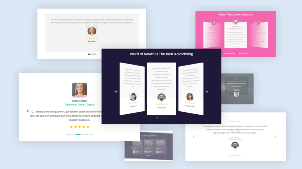 Divi Testimonial Extended, pre-built Divi layouts, and plugins to display your reviews in style for your WordPress site