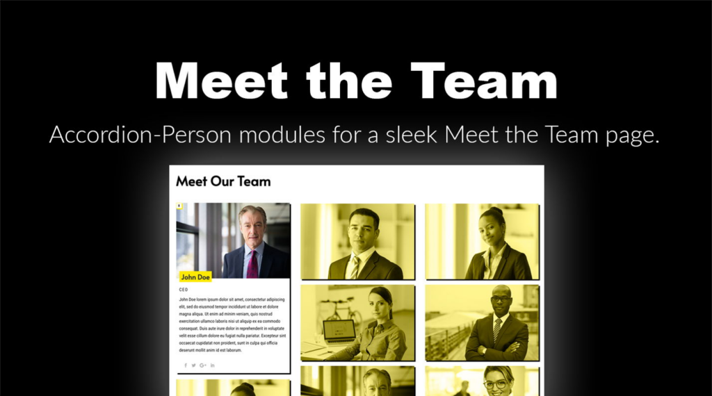 Yellow Expandable Person Modules for Divi for showcasing your members on your WordPress site