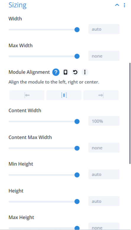 Adjust the Slider Sizing Parameters including Width, Max Width, and Max Height to specify the module's size. 
