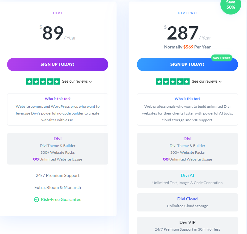 Divi theme pricing options: yearly and lifetime access for WordPress websites