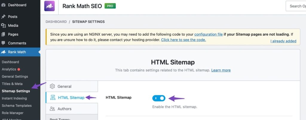 Toggling HTML sitemap module from the HTML sitemap setting tab using the Rank Math SEO plugin