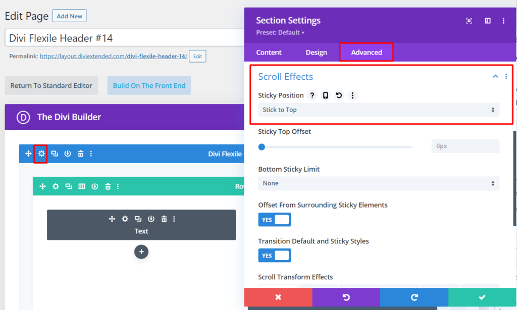 How to Enable the Sticky Header feature in Divi Section Settings to get access to all features and tools.
